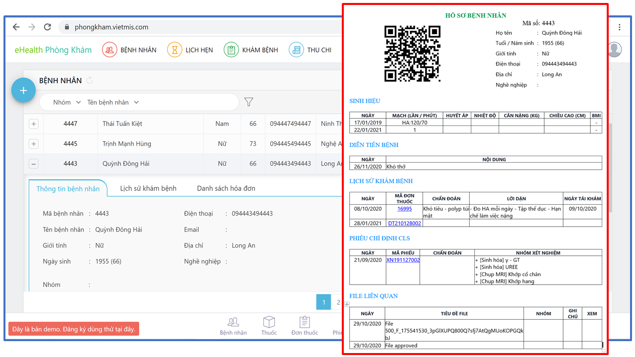 Minh họa EMR một bệnh nhân, từ phân hệ Hồ sơ Bệnh nhân của Phần mềm eHealth Phòng Khám